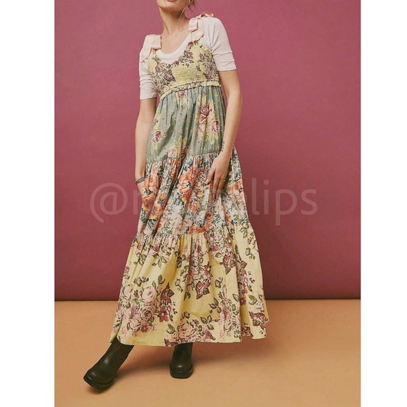 Floral Boho Maxi Flared Dress Shoulder Ties Smocked Shirred Bodice - Picture 8 of 12